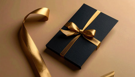 Elegant black box tied with golden ribbon on tan backdrop. Subtle, sophisticated gift presentation, stylish and minimalの素材