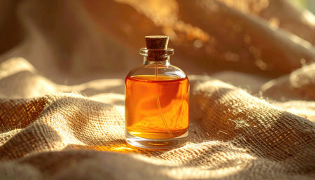 Small glass bottle of amber liquid with a cork on burlap backdrop illuminated with warm light, creating shadowsの素材