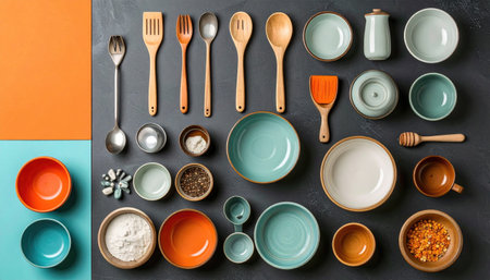 Organized kitchenware set, top view, against a split backdrop of teal, orange and gray. Dishes and wooden utensilsの素材
