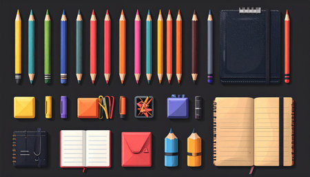 Collection of pencils, notebooks, erasers, and clips, arranged neatly against a dark background, showcasing art suppliesの素材