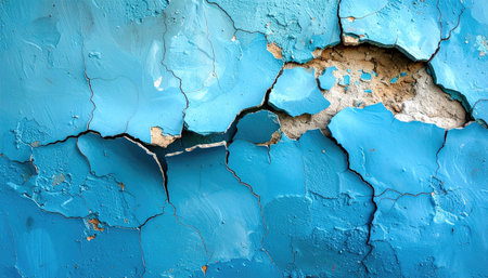 Close-up of a weathered blue wall with heavy cracks and exposed base, texture showing decay and disintegrationの素材