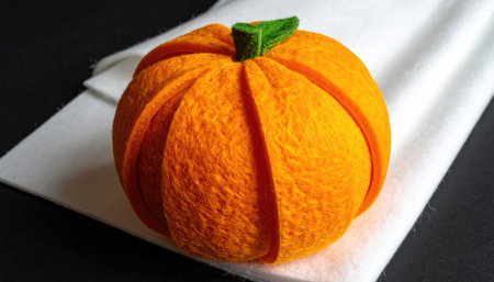 Round, orange felt pumpkin with vertical seams, short green stem, on white felt, resting on blackの素材