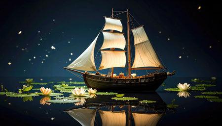 Ship sailing in a serene lake, adorned with lilies, under a starry sky with gentle reflectionsの素材