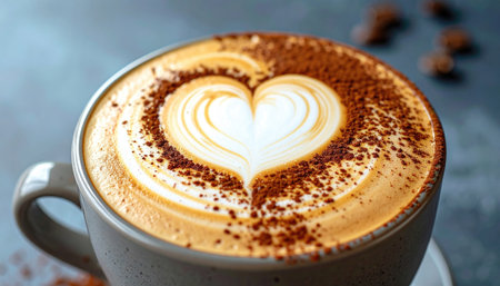 Creamy cappuccino with a heart shape dusted with cocoa in a grey mug on a dark textured surfaceの素材
