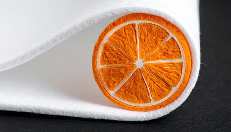 Orange slice peeks out from under a curled white felt blanket, against a dark background, high detail, close-up shotの素材