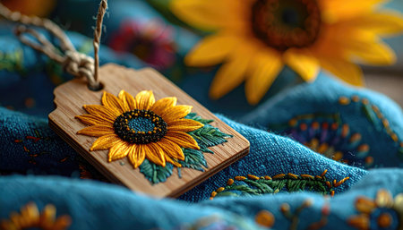 Embroidered sunflower on wood tag, rustic string. Blue patterned cloth, blurry sunflower background. Warm, cozy sceneの素材