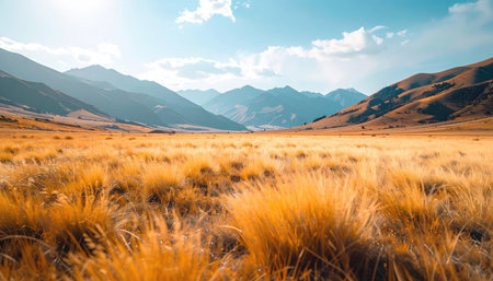 Wide shot of golden field against hazy mountains under a blue, partly cloudy sky on a sunny dayの素材