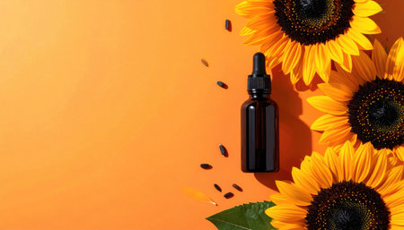 Three vibrant sunflowers and a brown dropper bottle on a bright orange background create a sunny, natural sceneの素材