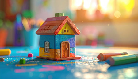 Colorful wooden toy house on a vibrant blue surface with scattered art supplies in a blurred, sunny roomの素材