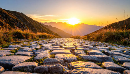Cobblestone road leads to a bright sunset in a mountainous region, bathed in golden light, creating a serene vistaの素材