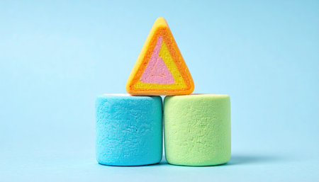 Colorful triangle marshmallow on two cylinders against light blue background, simple, cuteの素材
