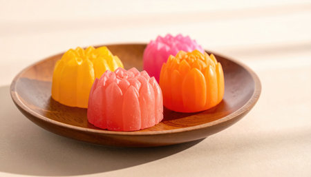 Four colorful fluted sweets on a wooden plate, in sunlight on a beige surface, creating soft shadowsの素材