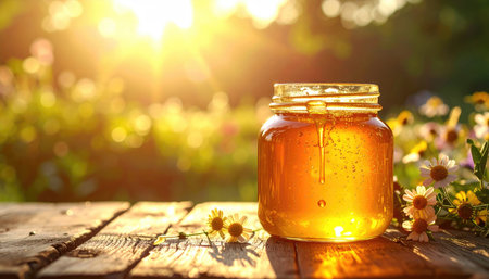 A jar of golden, viscous liquid glistening in the warm sunlight, placed on a weathered wooden surface with a blurred floral backgroundの素材