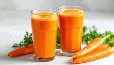 Two glasses of vibrant orange carrot juice, with fresh carrots and leafy green tops arranged on a textured white surfaceの素材