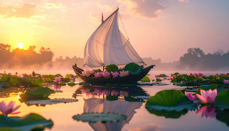 A small sailing vessel adorned with pink flowers floats on a tranquil lake at dawn. Sun sets in the distance creating a calming atmosphereの素材