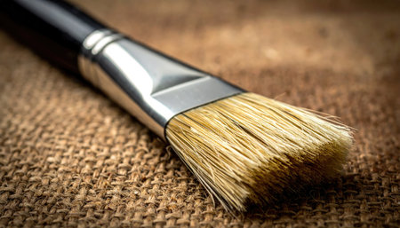 Close-up of a paintbrush with tan bristles and a black handle on rough burlapの素材