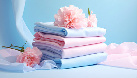 Stacked pastel linens adorned with pink carnations, set against a soft blue backdrop with flowing fabric drapesの素材
