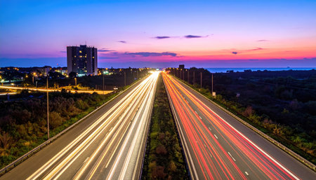 Long exposure shot of a multilane highway with streaks of light from moving vehicles, under a colorful twilight skyの素材