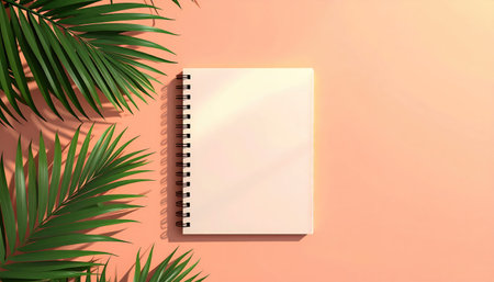Top view of a blank notebook framed by palm leaves on a peach-colored background, casting soft shadowsの素材