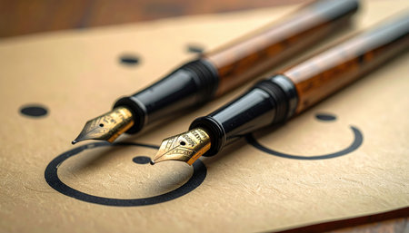 Two fountain pens rest on a tan paper with a simple smiley face drawing, creating a contemplative moodの素材