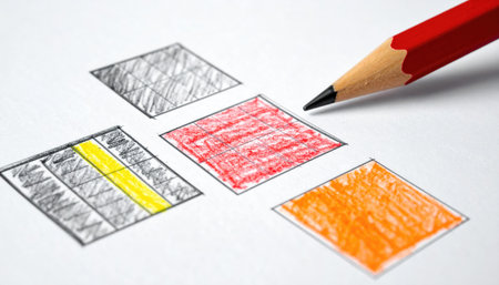 Close-up view of a red-tipped pencil pointing towards a series of hand-drawn squares in various colors on white paperの素材