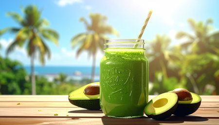 Vibrant green smoothie in a mason jar with avocados sits on a wooden table against a tropical island backgroundの素材