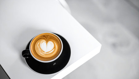 Latte art heart on black saucer atop a white table corner, blurred gray backgroundの素材