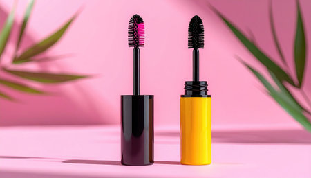 Two mascara tubes, one open with a pink brush and the other with a black brush, are centered against a pink backdrop with palm frondsの素材