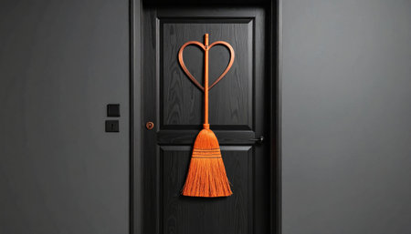 Black door features a whimsical heart-shaped broom decor, against gray walls with small black squaresの素材