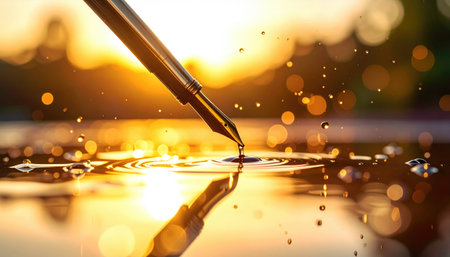 Pen tip dips into the reflecting water, creating ripples in the golden light of the setting sunの素材