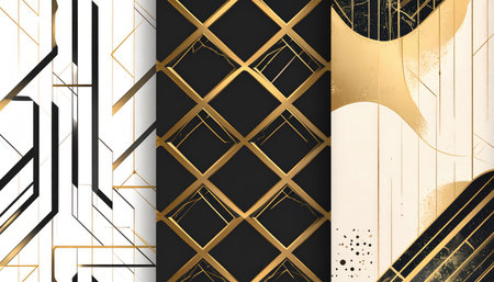 Abstract backgrounds Black, white, gold lines &amp; shapes creating varied geometric, minimalist patterns in 3 vertical panelsの素材