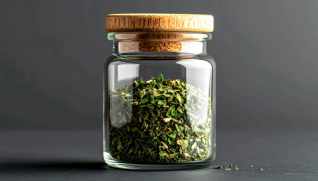 A small, clear glass jar with a cork lid is filled with dried green herbs, set against a dark grey backdropの素材