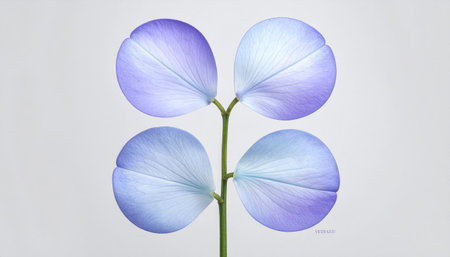 Four delicate, pale-purple, petal-like leaves arranged on a thin green stem against a soft, light-grey backgroundの素材