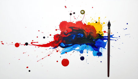 A vibrant splash of primary color inks spreads across a white surface next to a calligraphy pen creating an abstract designの素材