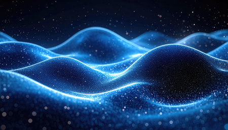 Digital rendering of a flowing blue landscape, with luminous waves and sparkling particles against a dark backdropの素材