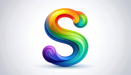 A vibrant, stylized capital letter &quot;S&quot; is rendered in a flowing, rainbow gradient against a soft white backdrop. The design shows smooth transitionsの素材