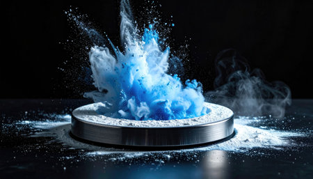 A vibrant, abstract composition showcasing an explosion of blue and white cloud-like forms erupting from a metallic circular base against a black backdropの素材