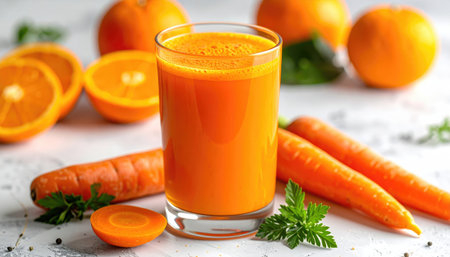 Glass of bright orange juice surrounded by carrots and sliced oranges on a mottled white surface, illuminated by soft lightの素材