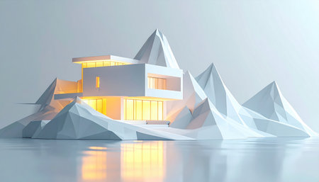 Minimalist white house surrounded by geometric icebergs on a reflective surface, softly lit with warm yellow interior lightの素材