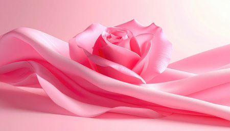 Soft pink rose blossoms center, embraced by delicate, flowing fabric. A serene, elegant composition. Background gradient enhances depthの素材