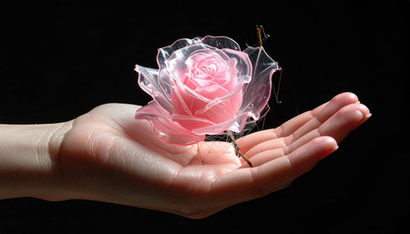 A translucent pink rose, delicately resting in the palm of a hand against a stark black background. It appears fragileの素材