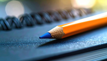 Close-up blue-tipped yellow pencil rests on a black notebook; blurry spring coil in background; soft, diffused lightの素材