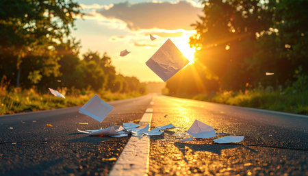 Road stretching towards the sunrise, documents explode, mid-air and on asphalt, trees line both sides of the roadwayの素材