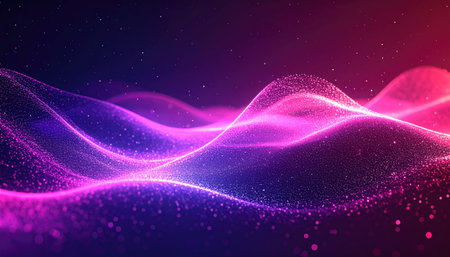 An abstract image featuring undulating light forms, shimmering particles, and gradients of purple, magenta, and a dark blue backgroundの素材