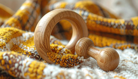 Close-up photo showcasing two wooden baby toys a ring and a mushroom-shaped rattle. Soft, textured blanket provides the cozy backgroundの素材