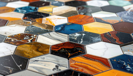 Hexagon-tiled surface with varied abstract colors &amp; patterns creating a textured, mosaic effectの素材