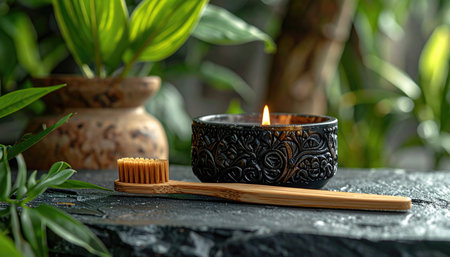 Tranquil scene with a lit candle, bamboo toothbrush, and vibrant green plants on textured stoneの素材