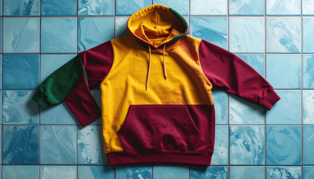 Vivid hoodie panels of green, gold, and burgundy resting on light blue tile background, viewed from aboveの素材