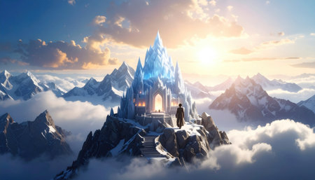 A person gazes at an icy palace atop snowy peaks, bathed in golden sunlight filtering through fluffy cloudsの素材