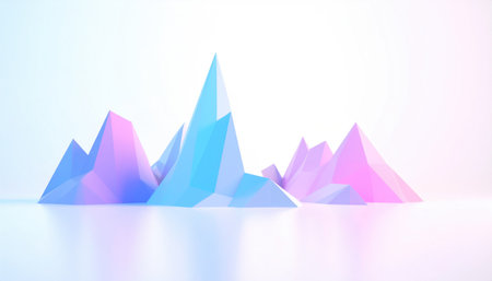 Low-poly landscape featuring geometric peaks bathed in soft gradients of blue and pink, reflecting on a smooth surfaceの素材